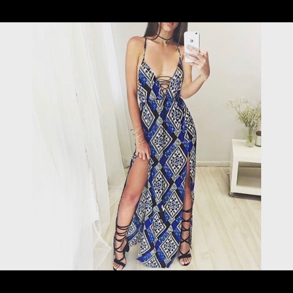 Blue Double Slit Lace Up Maxi Dress